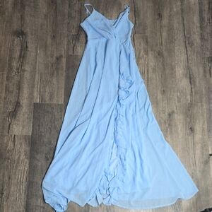 Light Blue Ruffle-Front Spaghetti Strap Maxi Dress